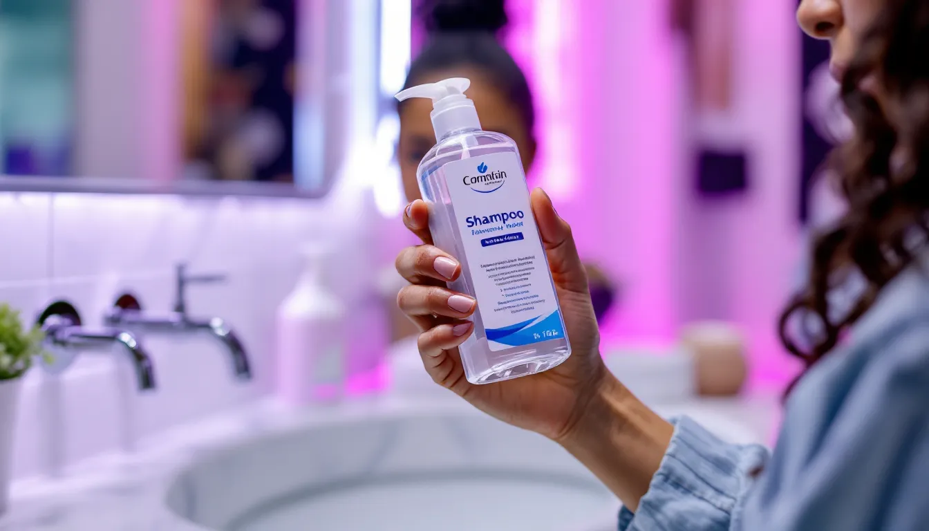 Woman reading hair care product ingredient label in a bright bathroom.