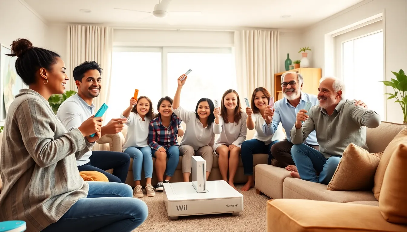 family enjoying Nintendo Wii games in a modern living room.