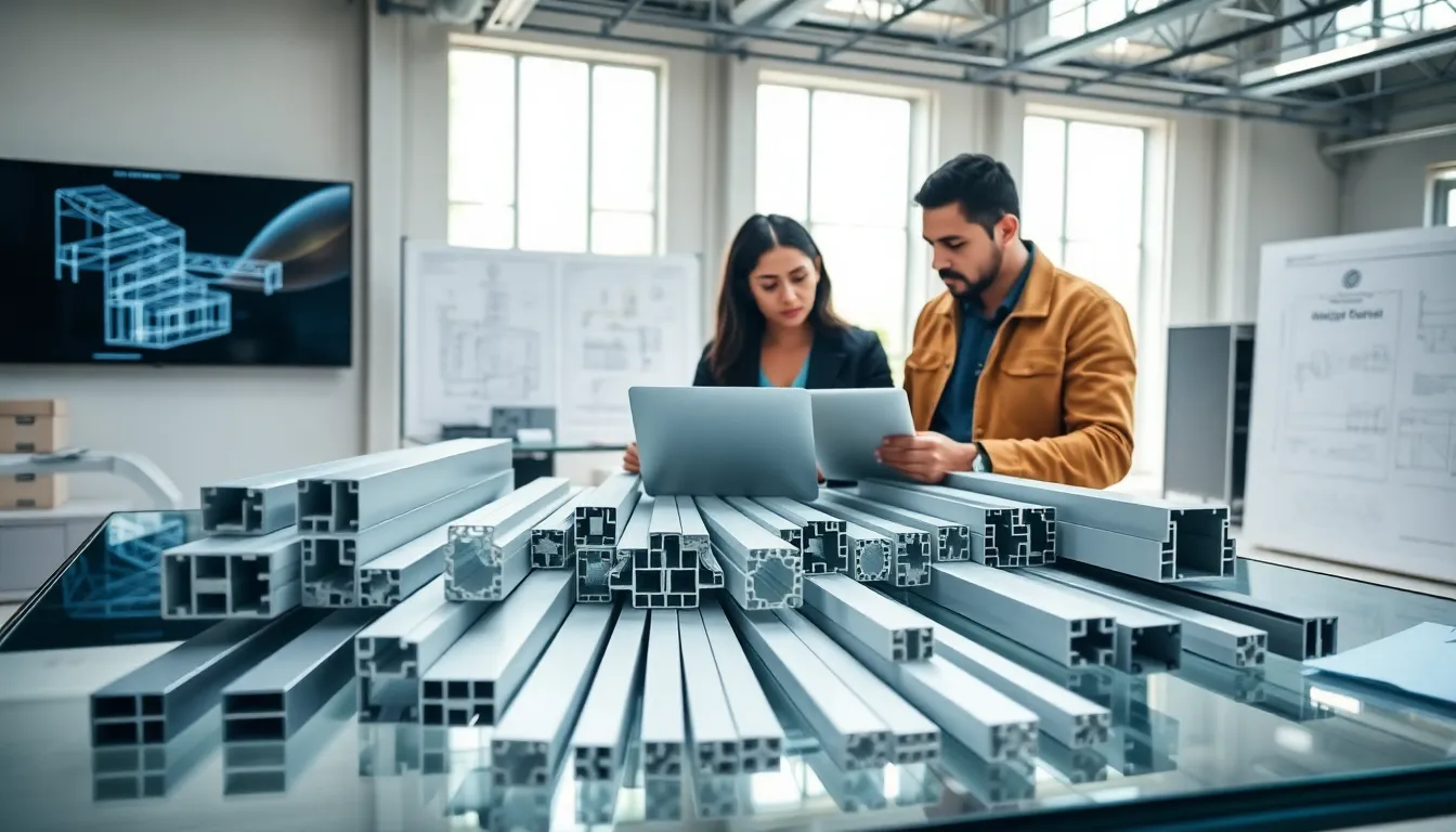 engineers discussing aluminum extrusions in a modern office setting.