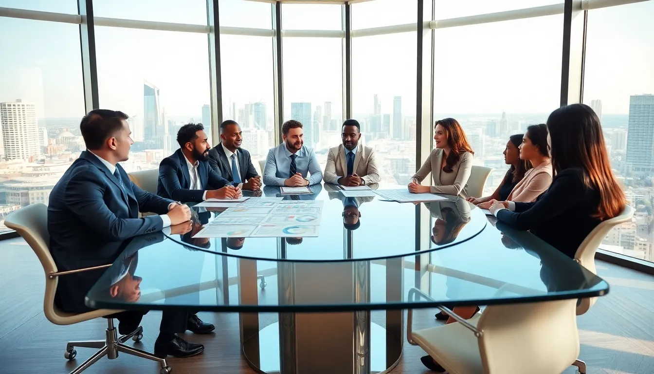 diverse team discussing multi-family real estate investing in a modern office.