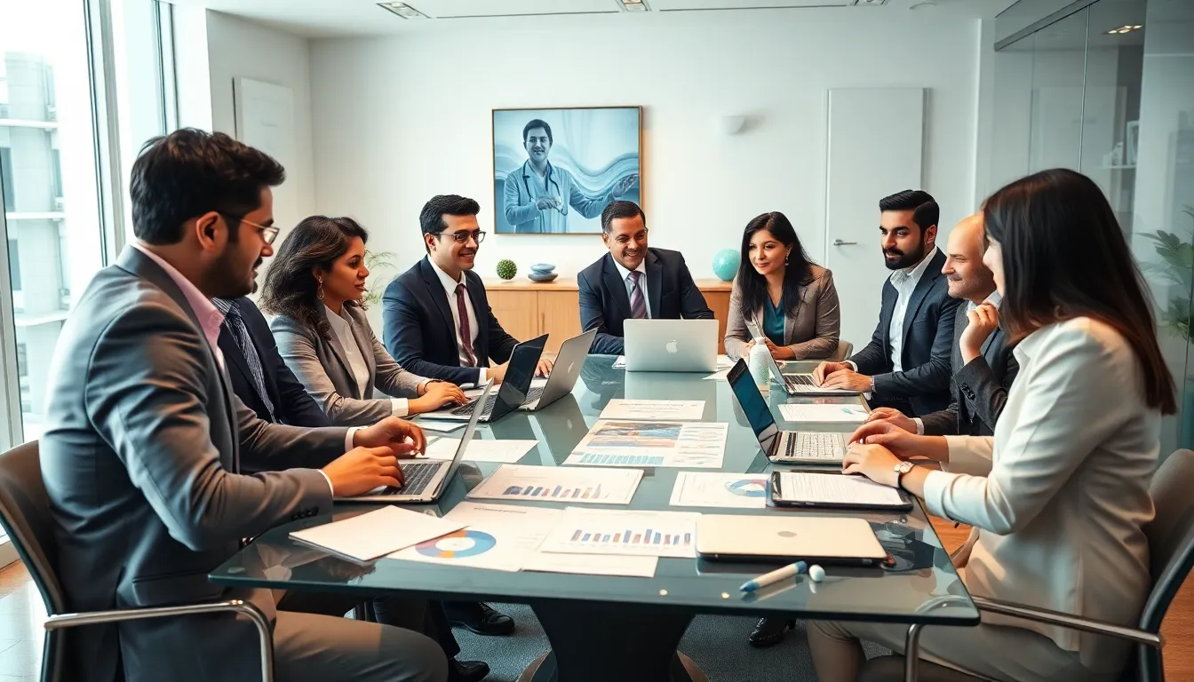 diverse team of professionals discussing pharmaceutical innovations in a modern office.