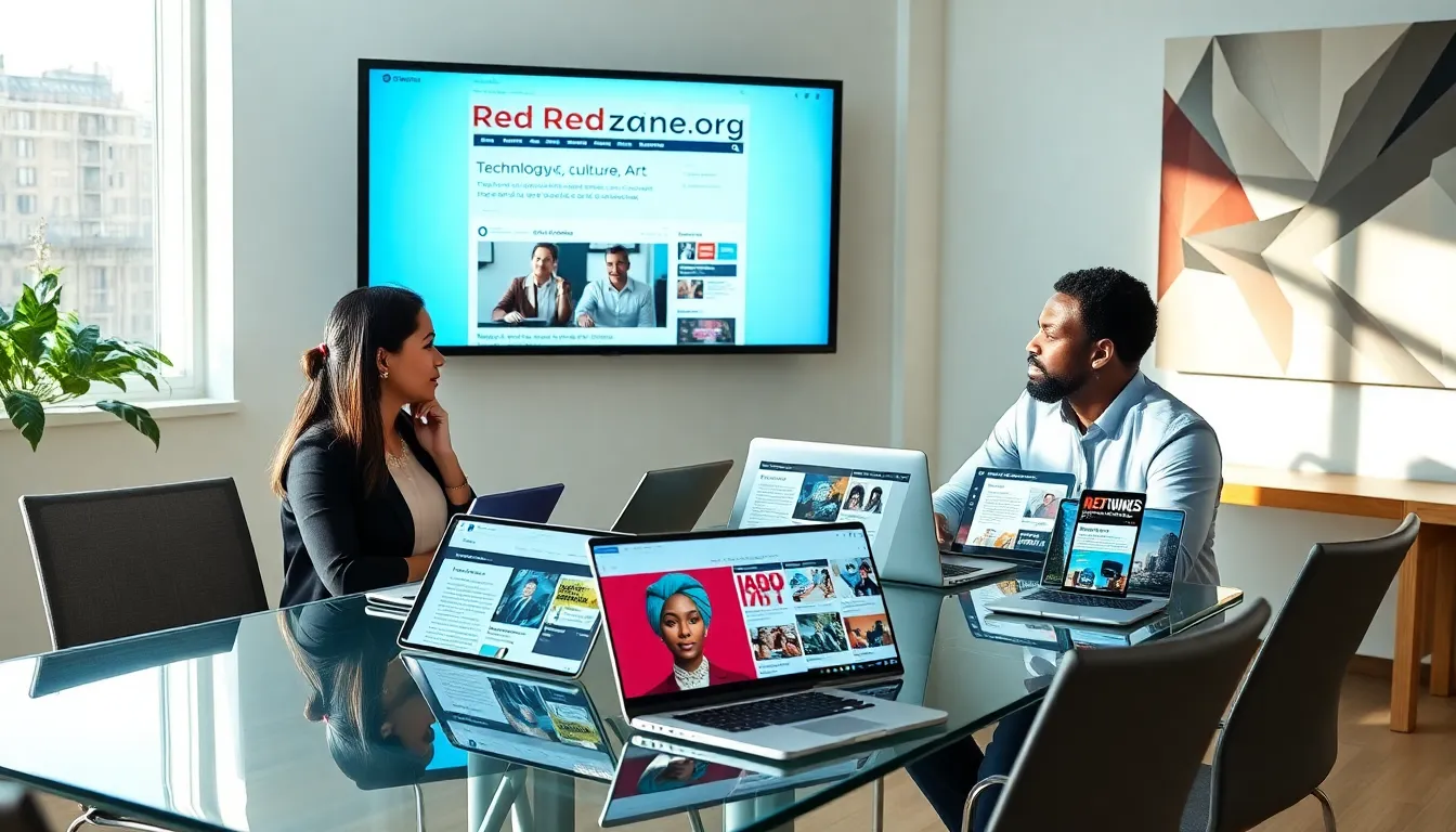 diverse professionals discussing content from Redwebzine.org in a modern office.