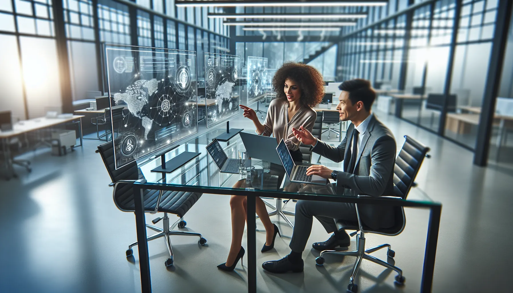diverse team discussing technology in a modern office.