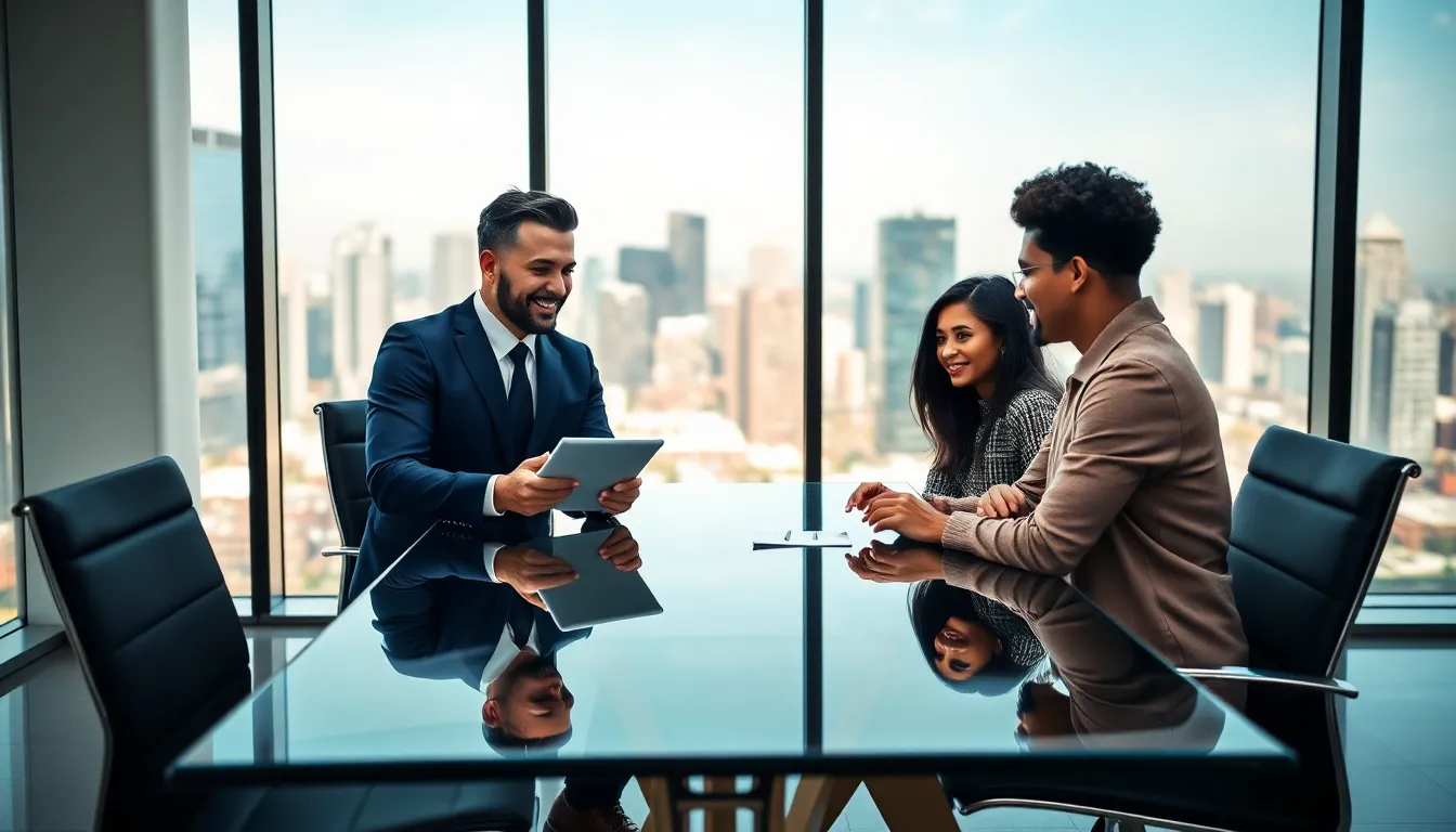 real estate agent assisting clients in a modern office setting.