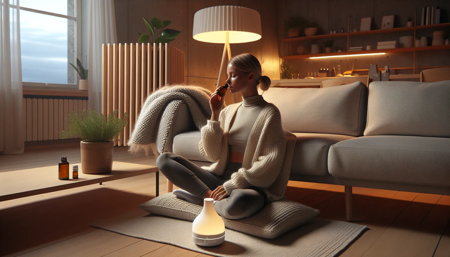 Woman in a cozy norwegian living room practicing aromatherapy with essential oils.