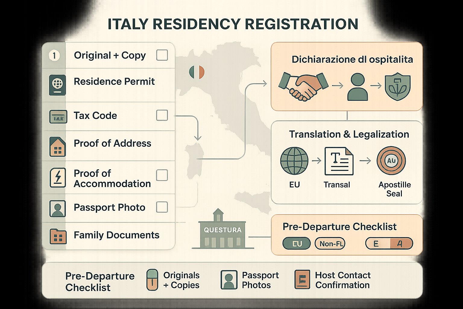 Infografica in stile checklist dei documenti richiesti per la registrazione degli stranieri in Italia.