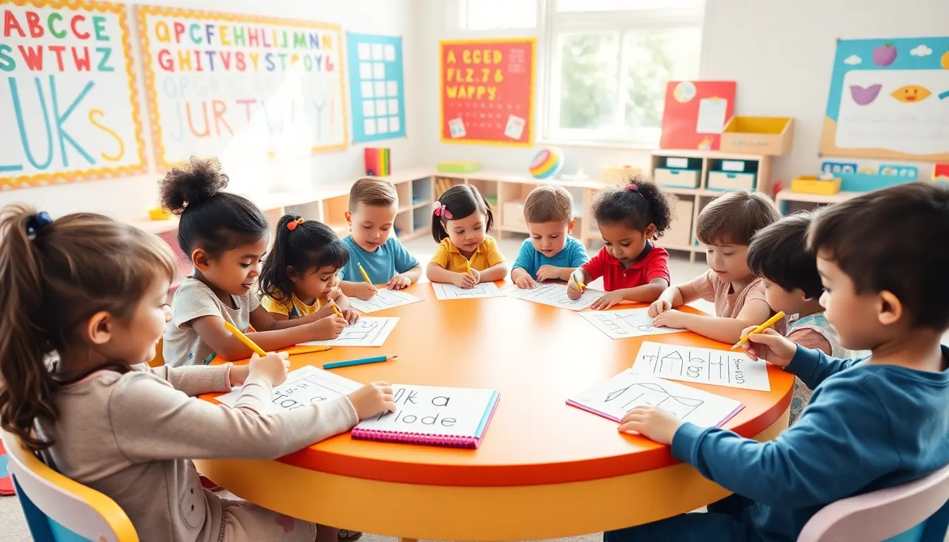 diverse preschoolers engaged in writing activities at a colorful classroom table.