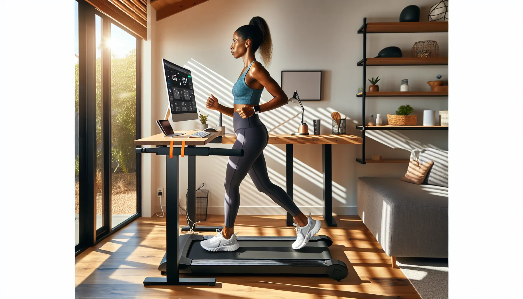 Woman jogging on an under-desk treadmill with riser beside a raised standing desk.