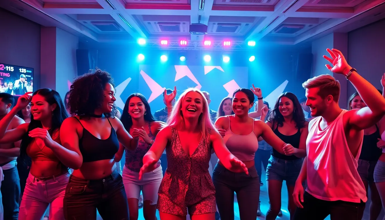 diverse group dancing in a vibrant, modern venue.
