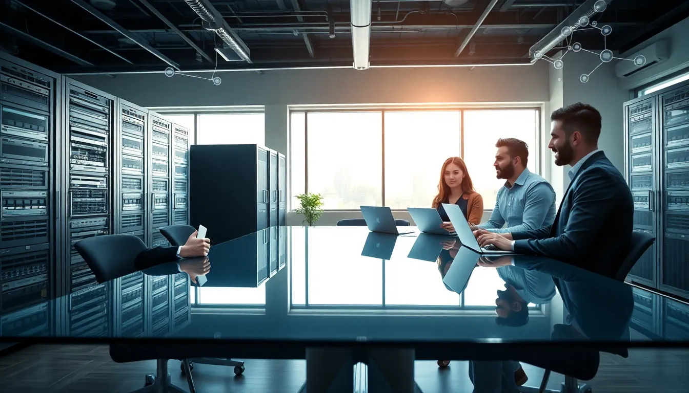 professionals discussing hardware solutions in a modern office setting.