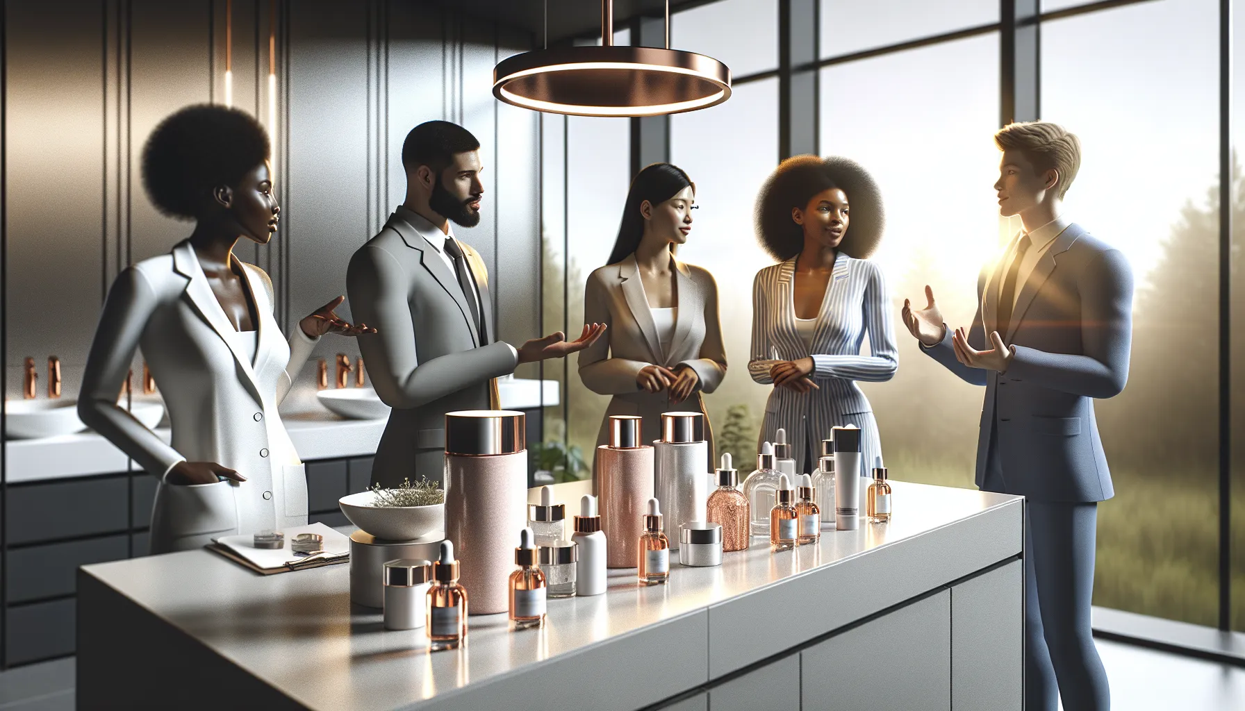 diverse group sharing skincare experiences in a modern bathroom.