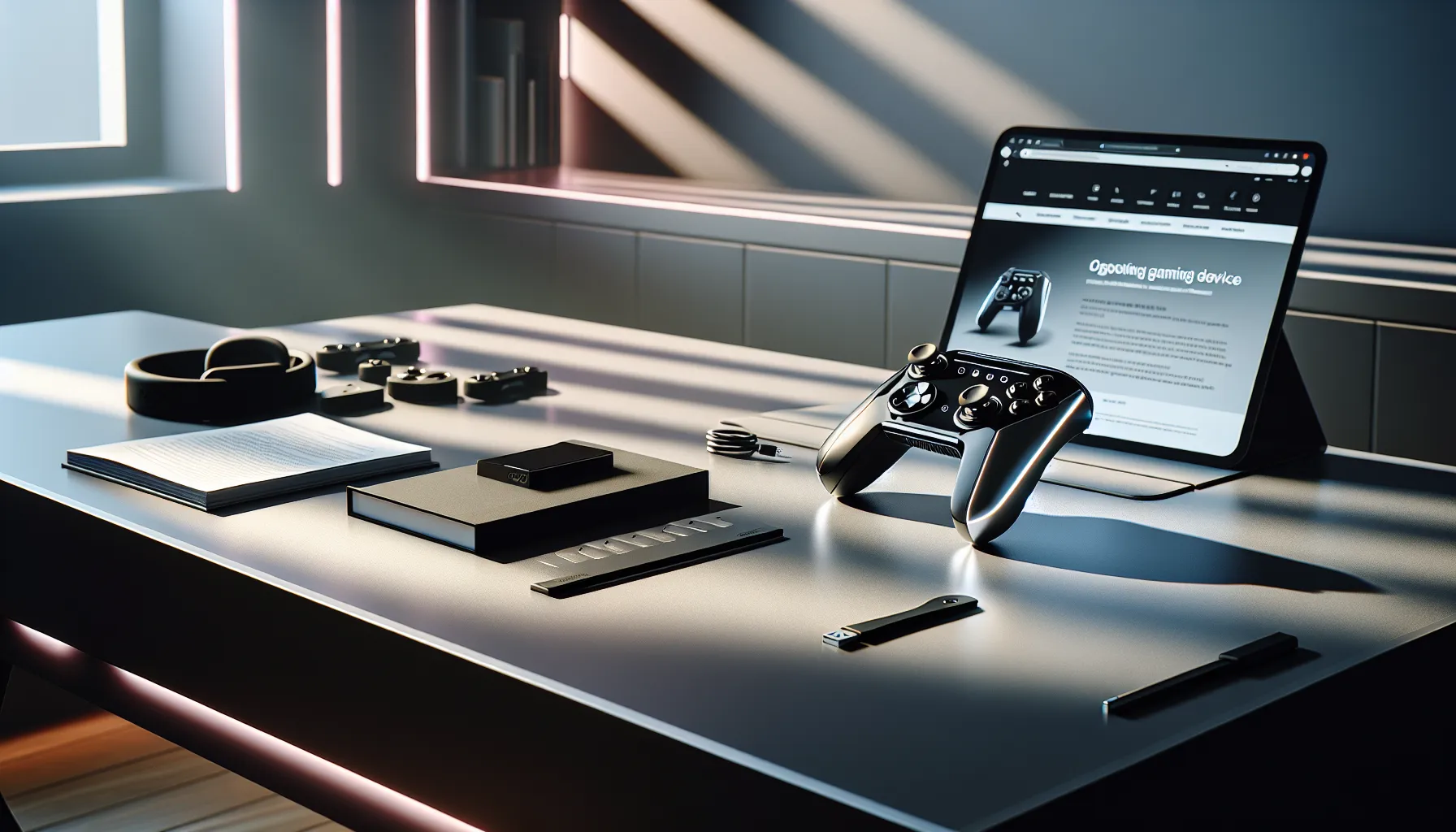 Hssgamestick with instruction manual and charging cable on a modern table.