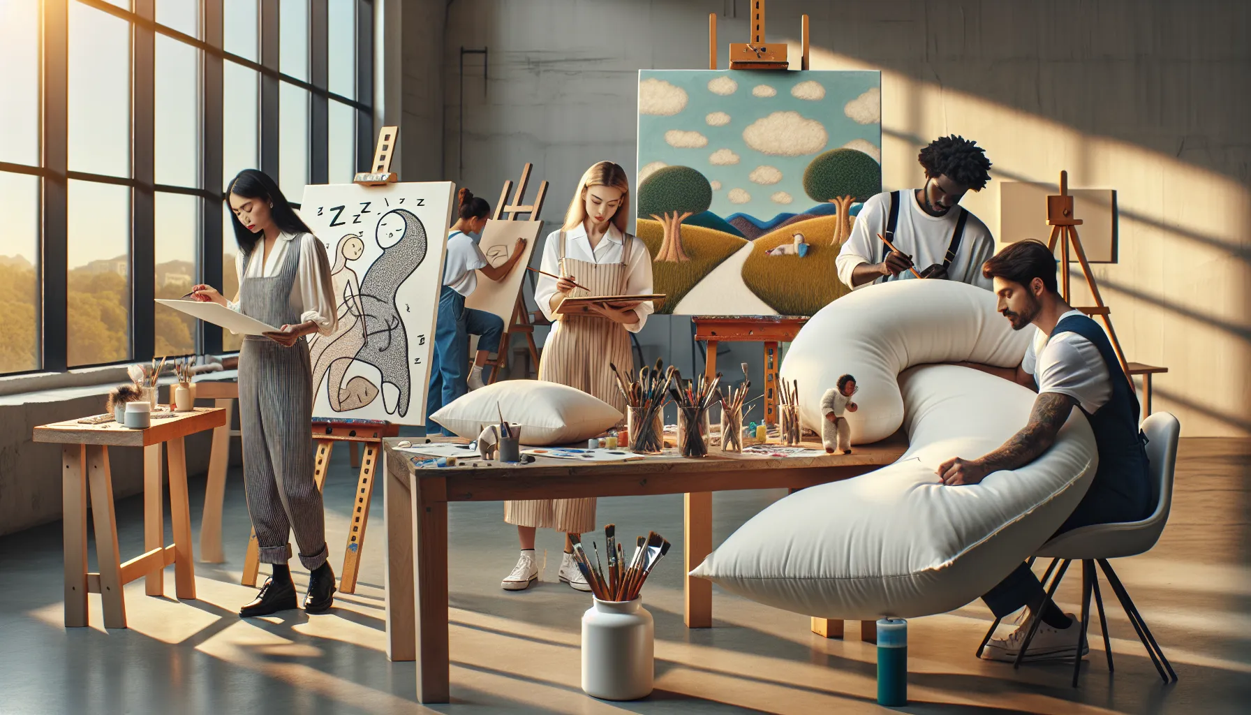 diverse artists creating sleep-themed artwork in a bright studio.