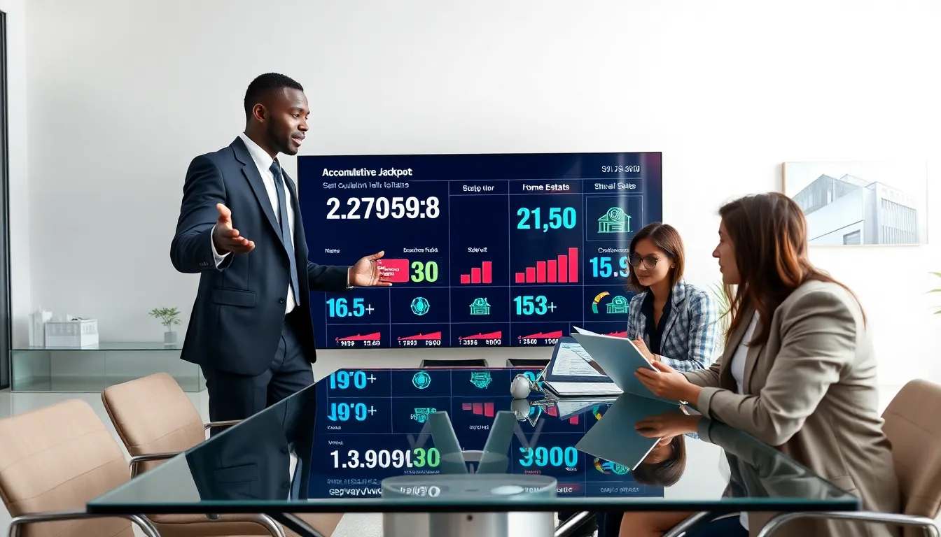 professionals discussing accumulative jackpots in a modern office.