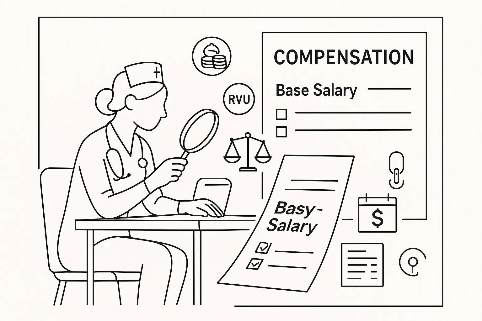 Nurse practitioner examining a compensation contract with financial icons and magnifying glass.