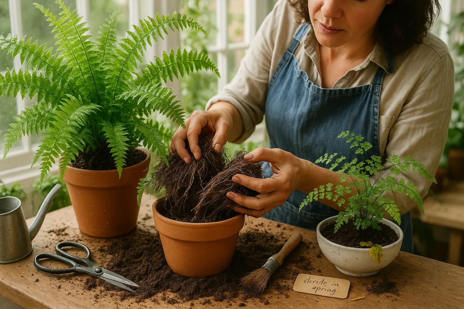 Hands dividing a Boston fern on a sunlit potting bench, maidenhair nearby.