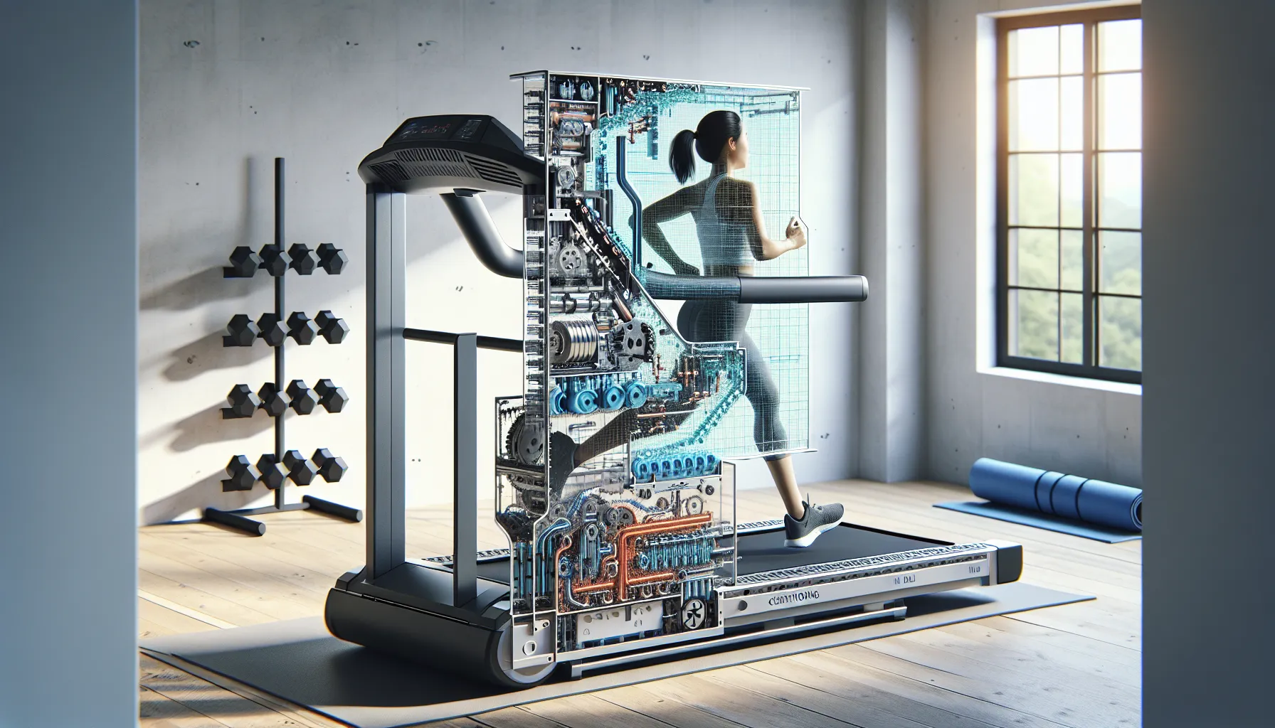 Cutaway treadmill deck shows multiple cushioning types under a runner’s foot.