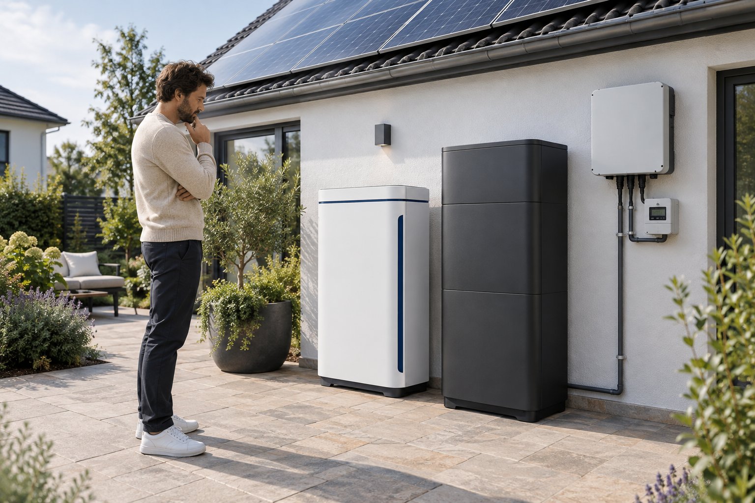 Zwei Solarspeicher im Vergleich auf einer Terrasse