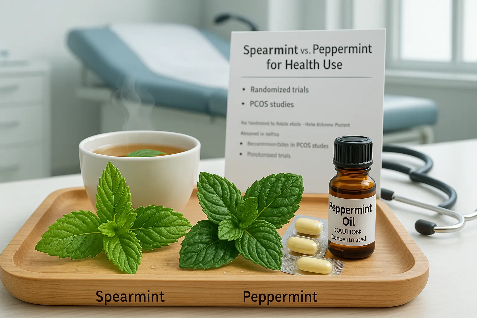 Fresh spearmint and peppermint with tea, capsules, oil, and a clinical study page.