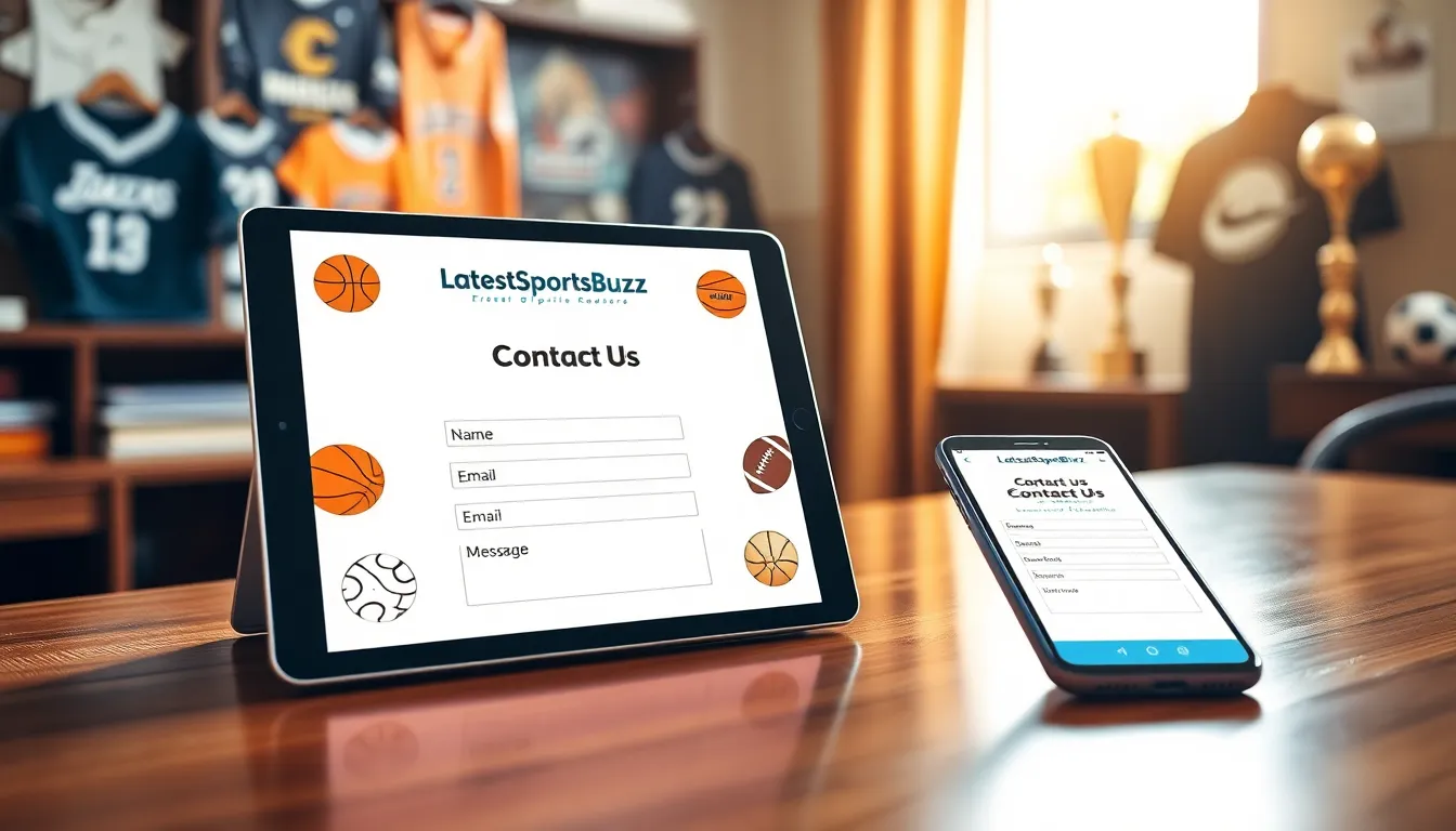a modern 'Contact Us' page on a tablet with sports graphics.