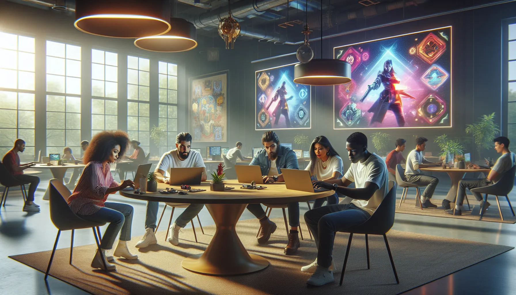 a diverse team discussing game updates in a modern office.