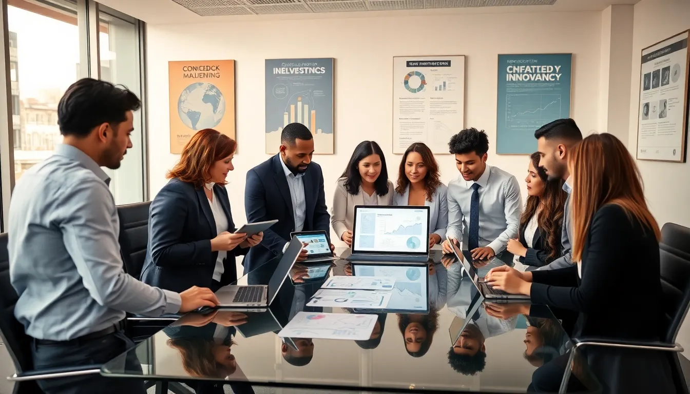 Diverse professionals discussing innovative concepts in a modern conference room.