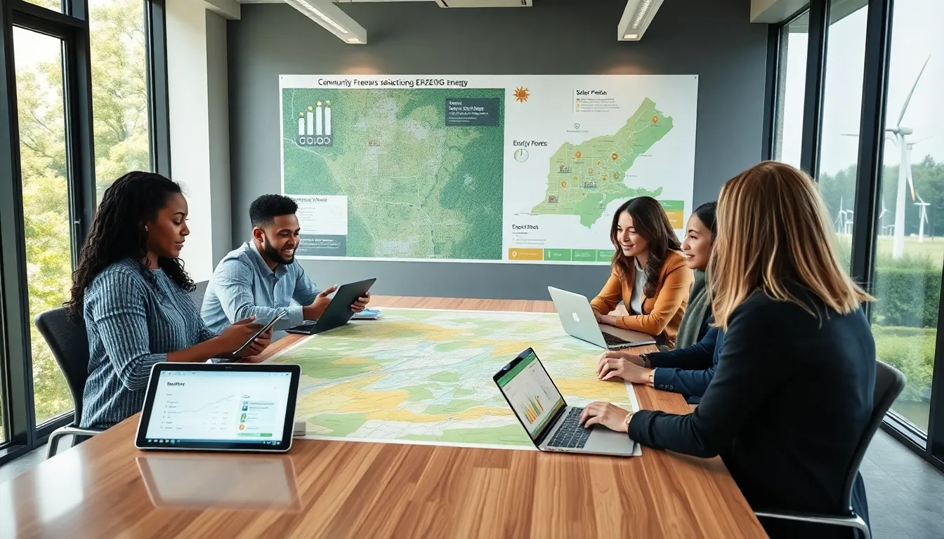 diverse team discussing community energy solutions in a modern office.