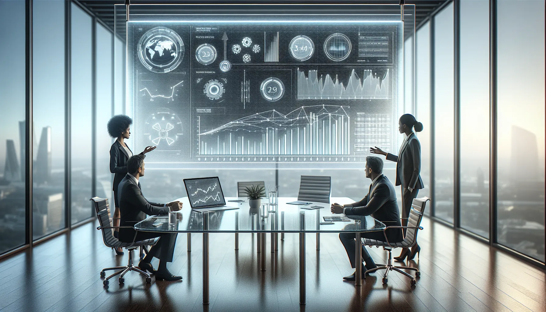 Professionals reviewing automated DCA bot interface in modern office setting.