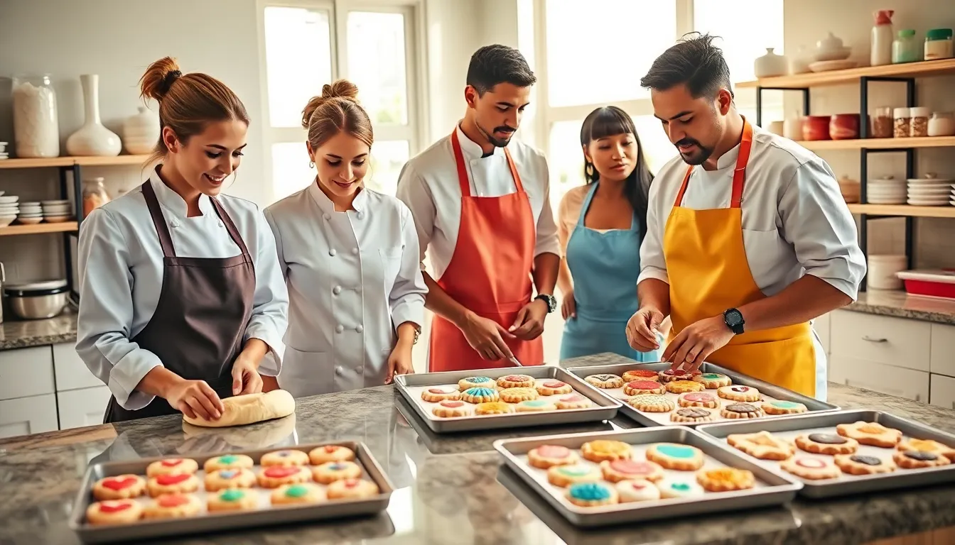 bakers creating customized cookies in a bright kitchen setting.