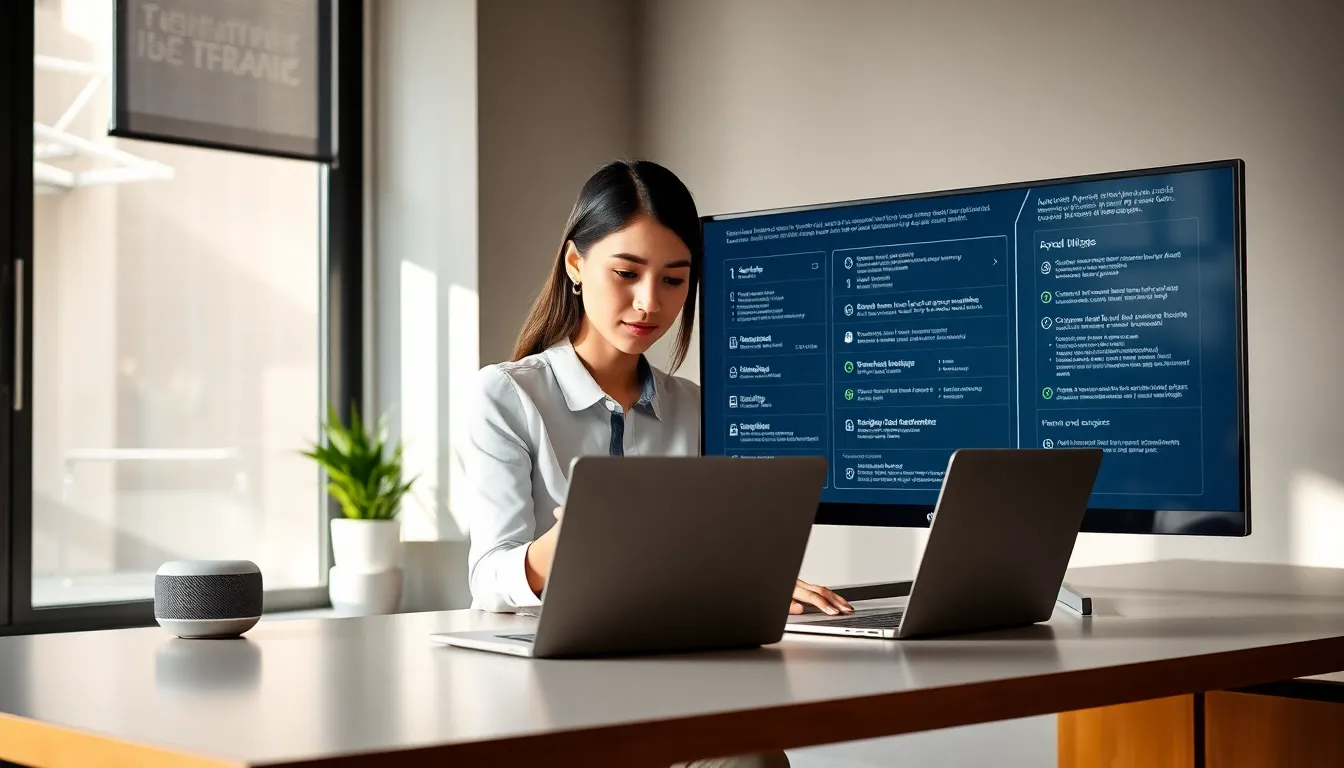 woman analyzing smartphone settings in a modern office.