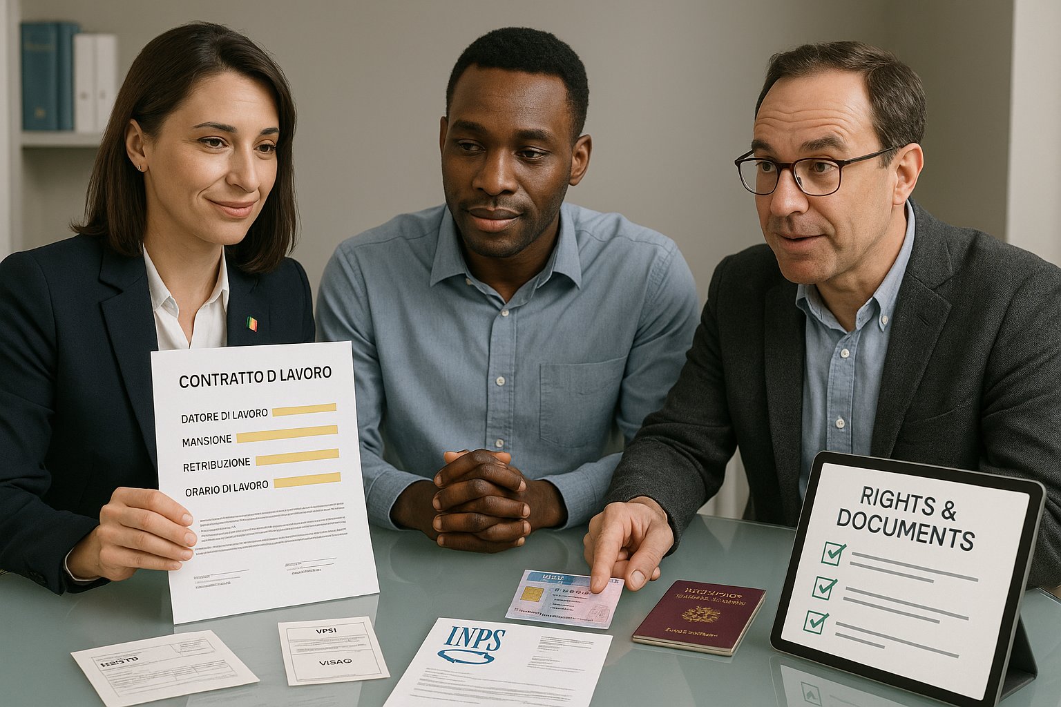 Consulente che esamina contratto, permesso di soggiorno e documenti INPS con lavoratore migrante.