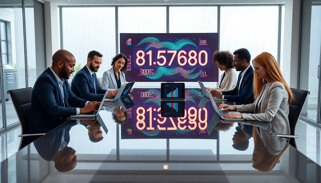 diverse team analyzing the number 8157740880 in a modern office.