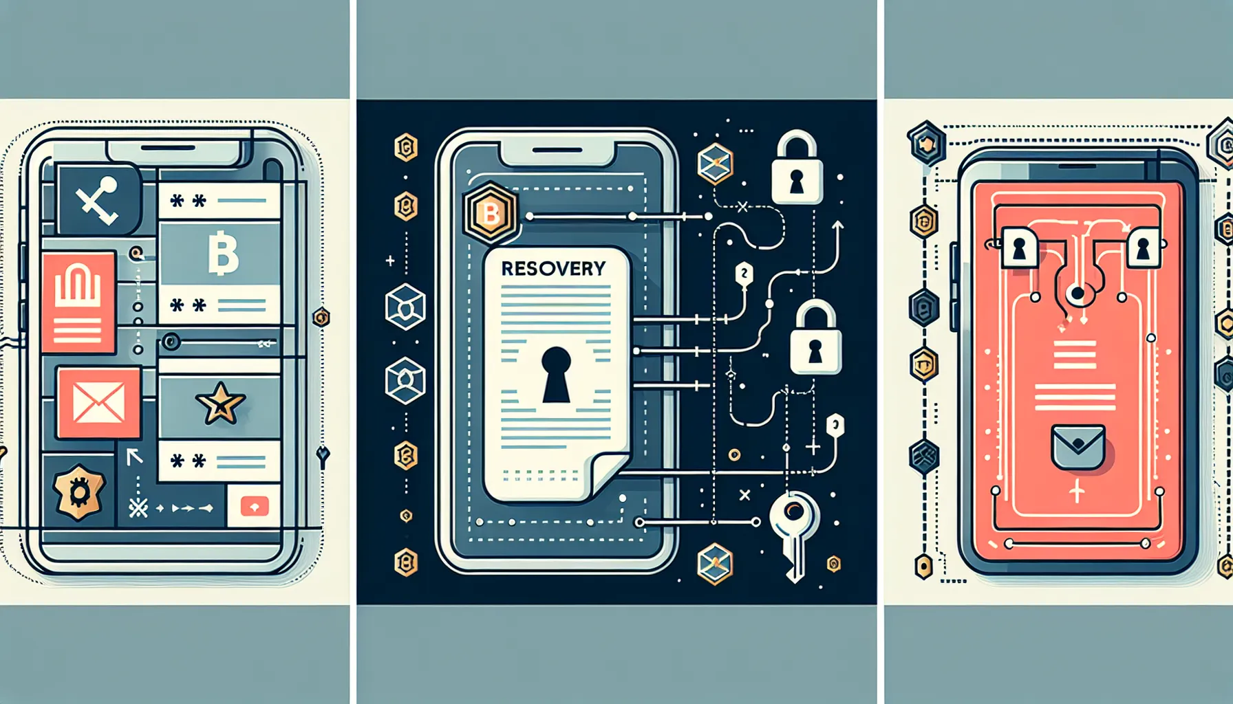 Three-panel infographic showing crypto wallet lock-out scenarios: lost password, misplaced recovery phrase, and device failure.