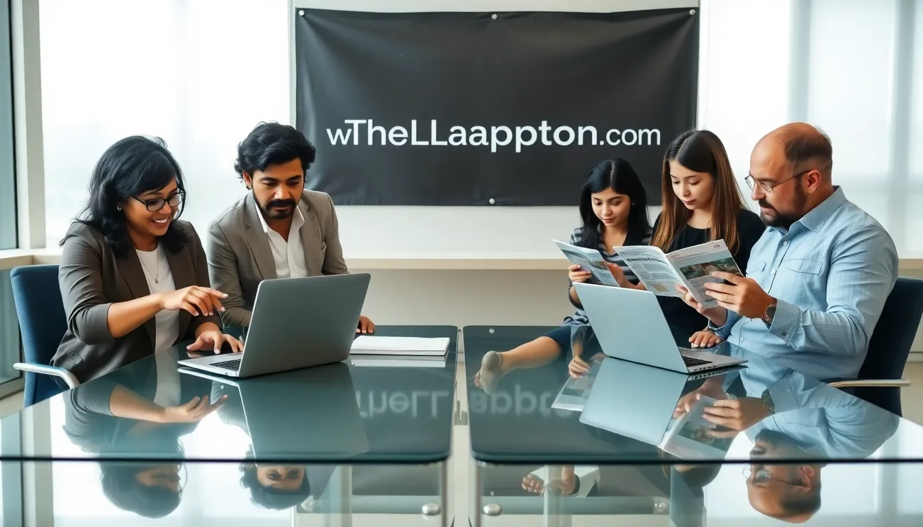 professionals discussing laptops in a modern office setting.