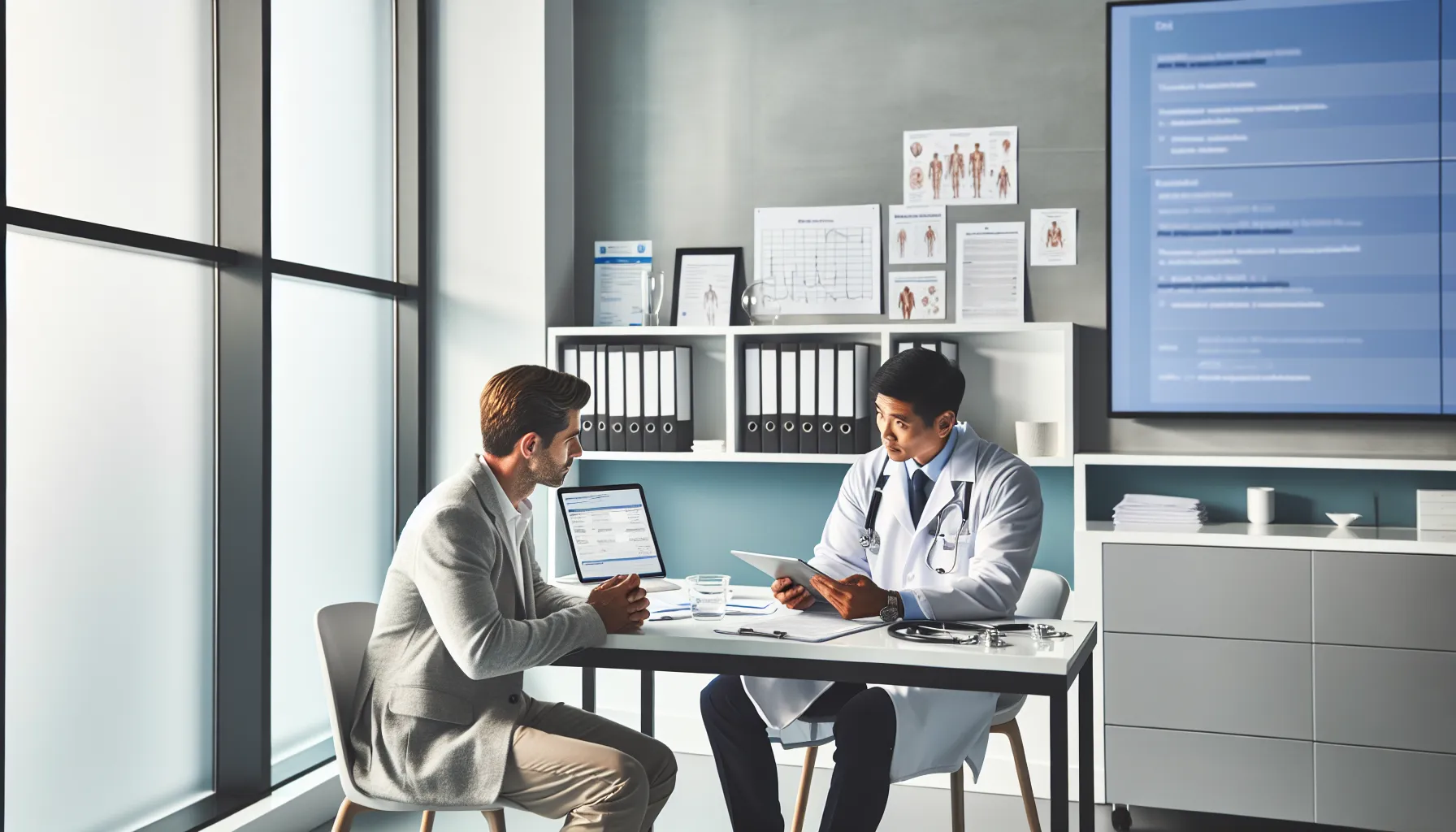 Doctor consulting with patient about medical leave duration in Croatian medical office.