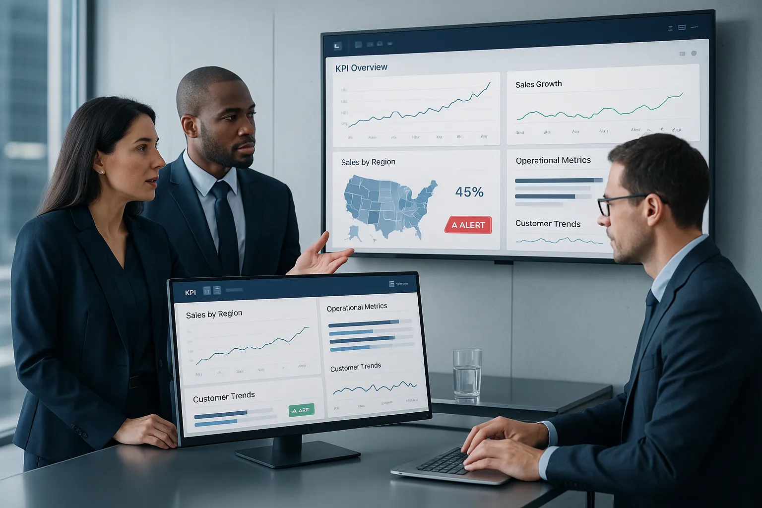 Business team reviewing a live KPI dashboard in a modern office.