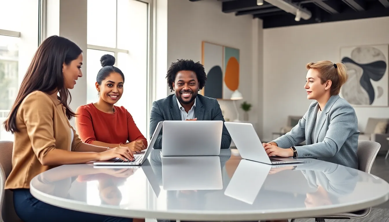 diverse professionals discussing ideas in a modern office.