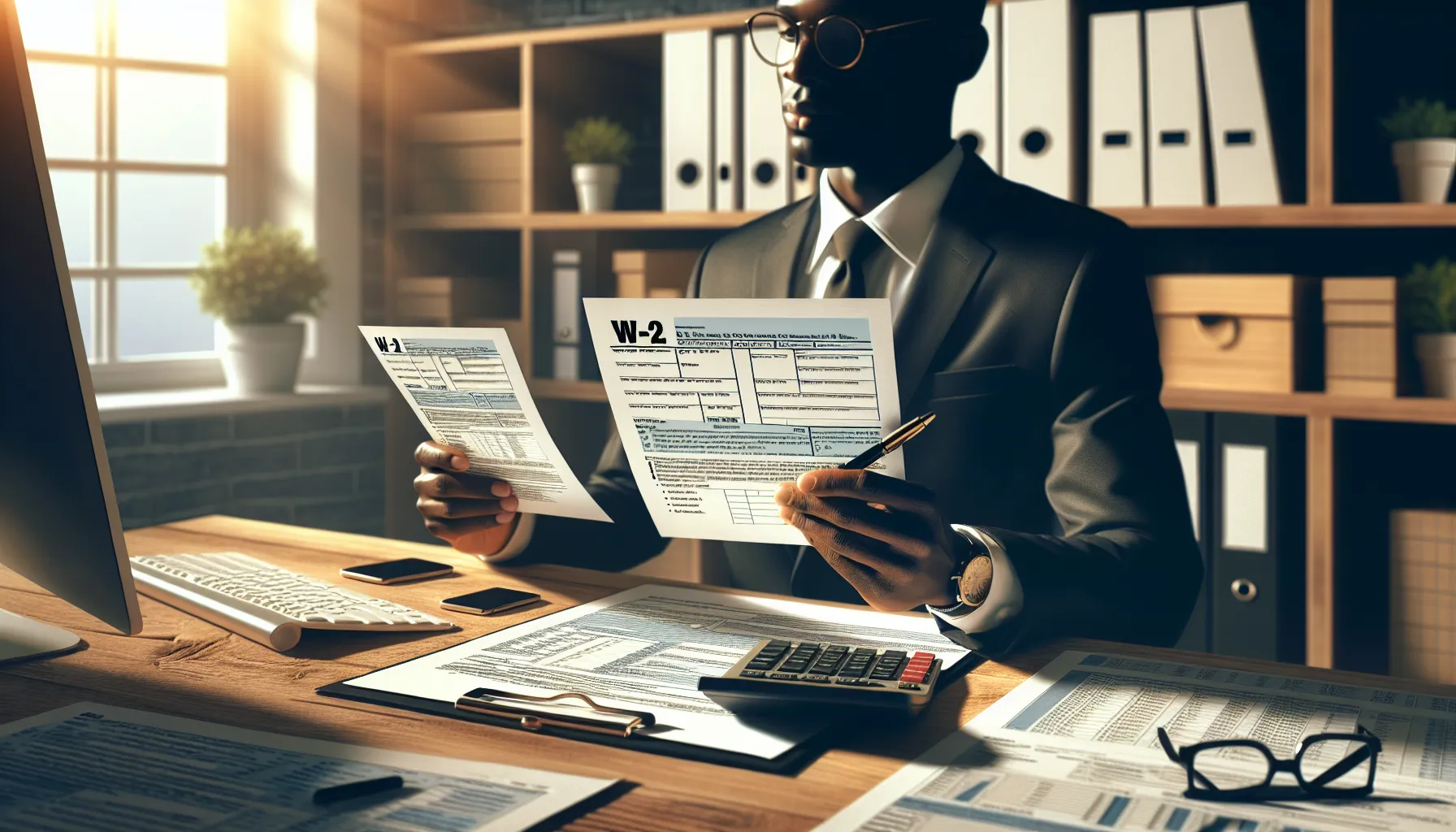 A person reviews W-2 and W-4 tax forms on a desk in an office.