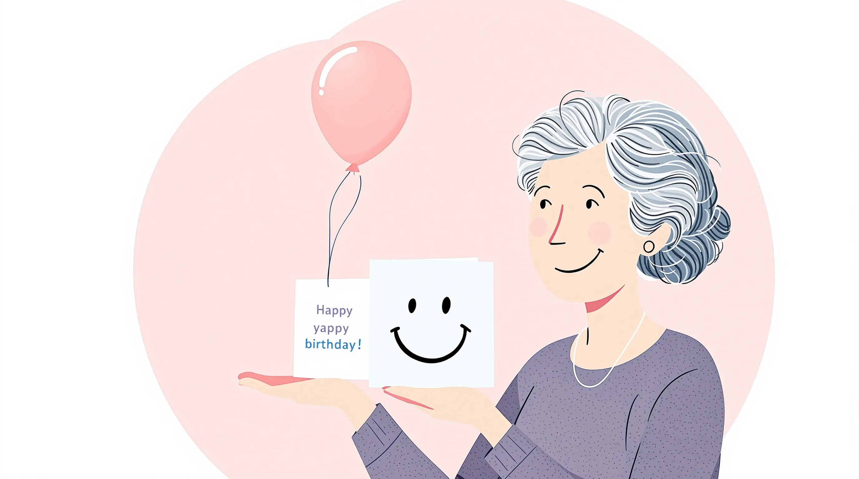 a smiling grandmother giving a birthday card with a balloon