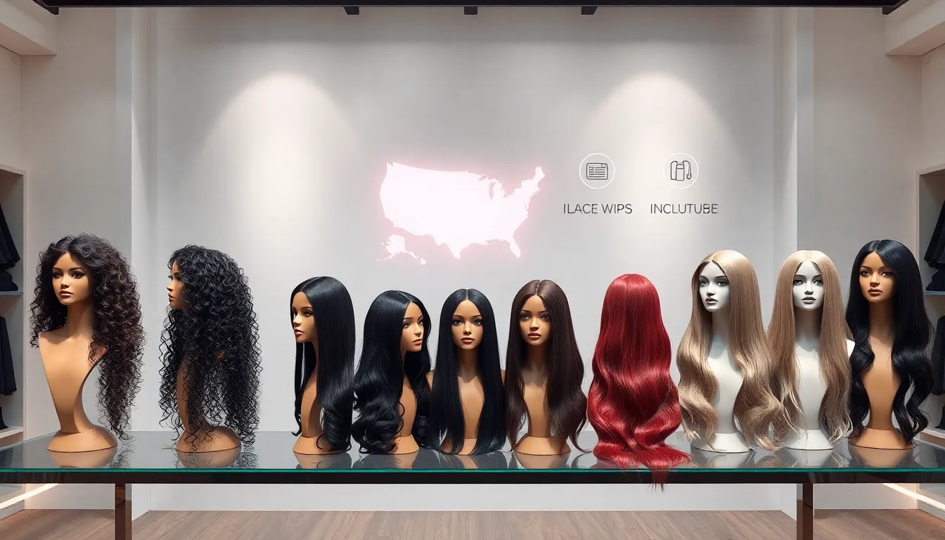 Assorted premium wigs on display in a modern, well-lit online showroom.