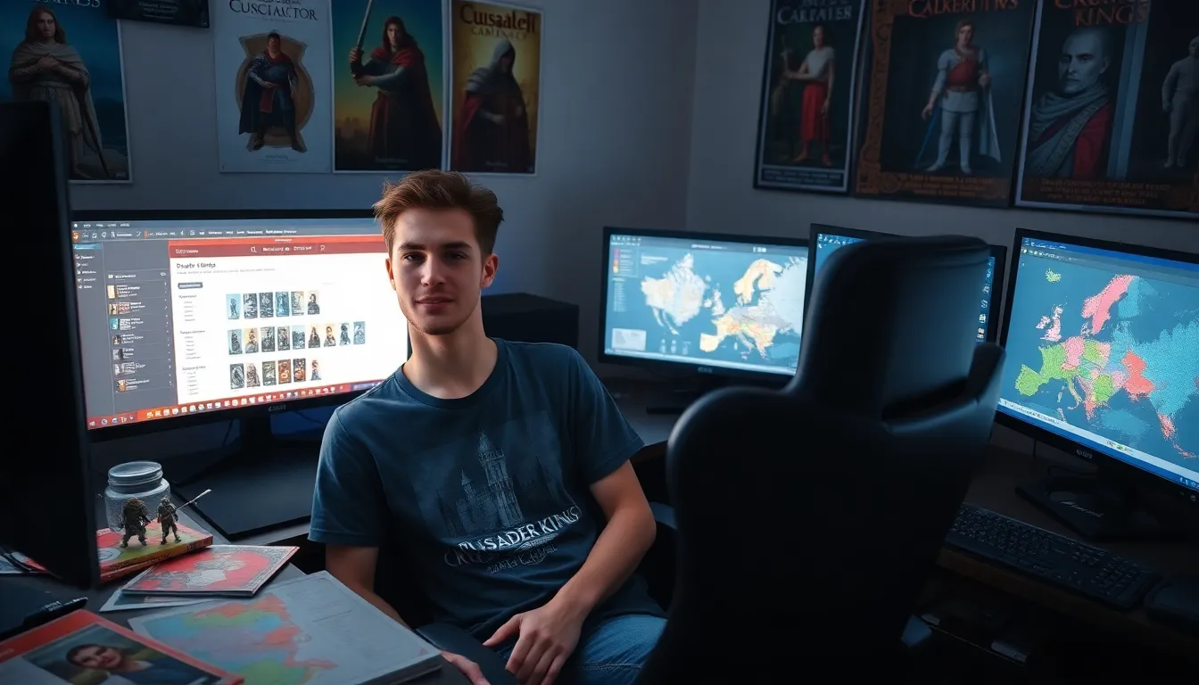 A gamer creating characters using the r/Ck2Generator in a cozy room.