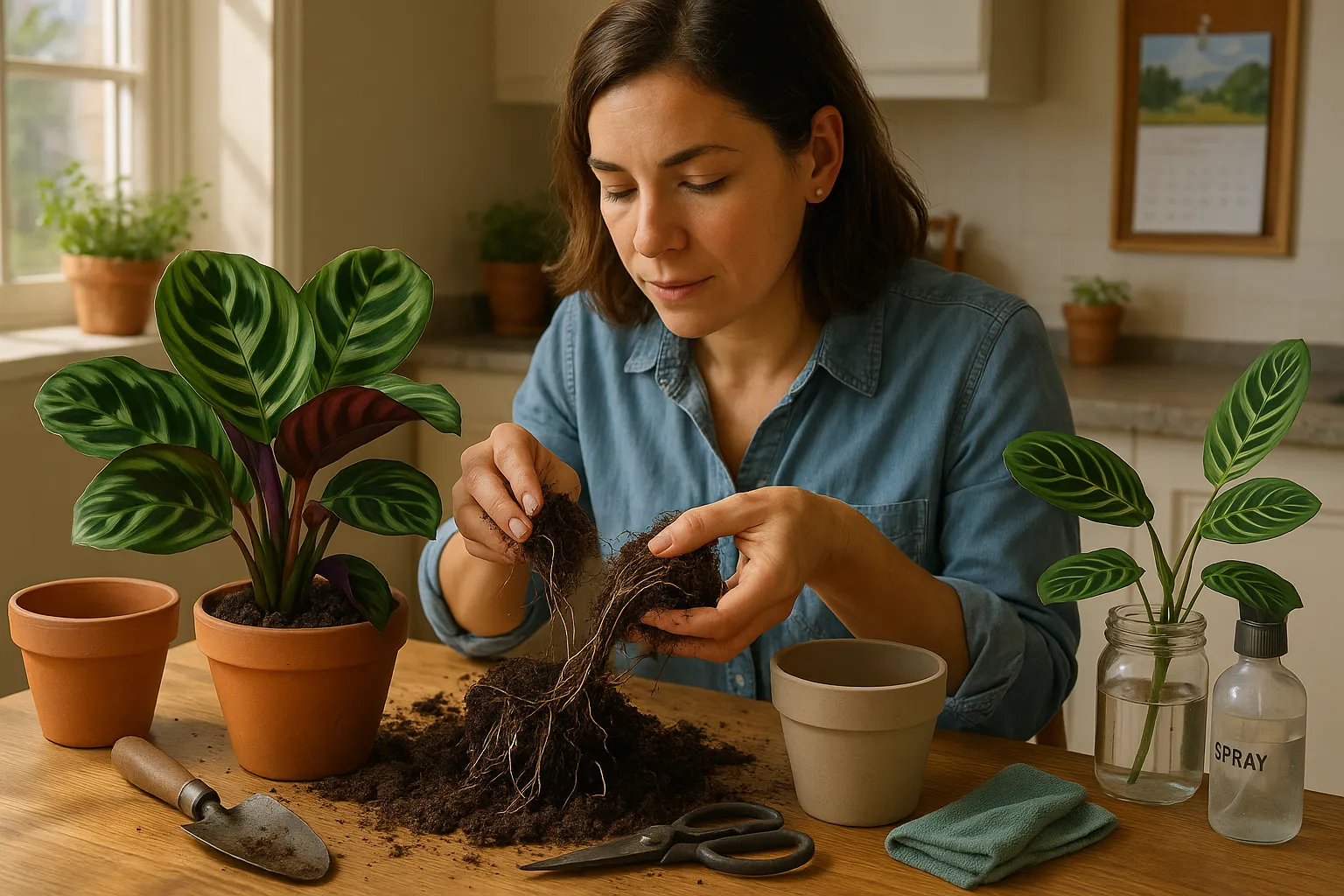 Person dividing a Calathea root ball and preparing pots while caring for plants.
