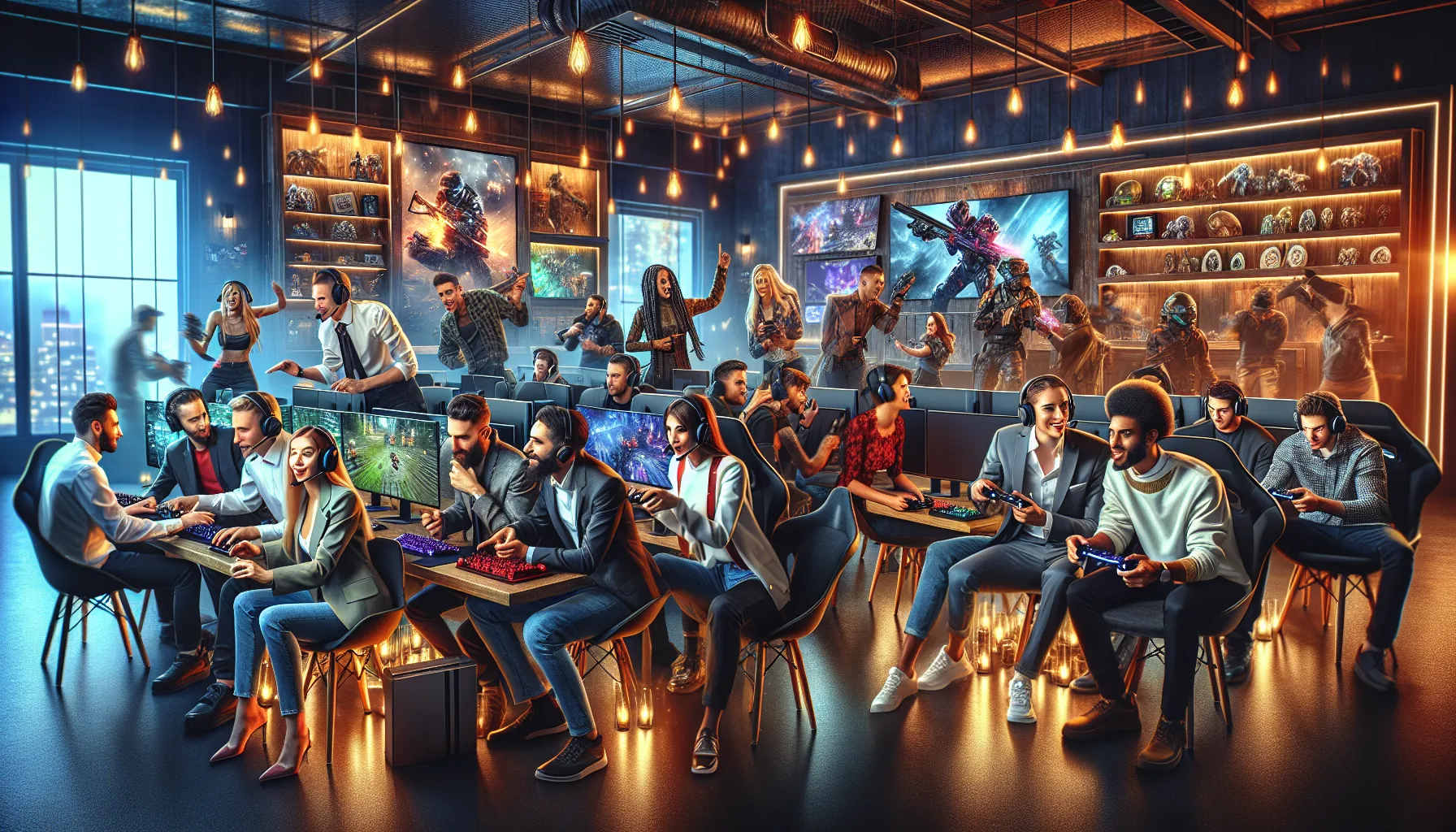 diverse gamers collaborating in a modern gaming lounge.