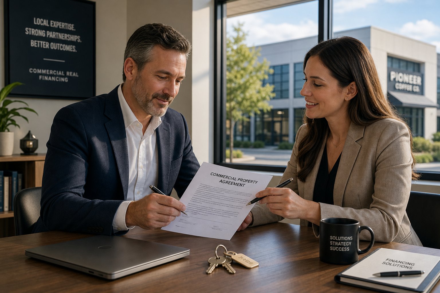 Business owner reviewing a commercial property agreement with a mortgage specialist in a bright office.