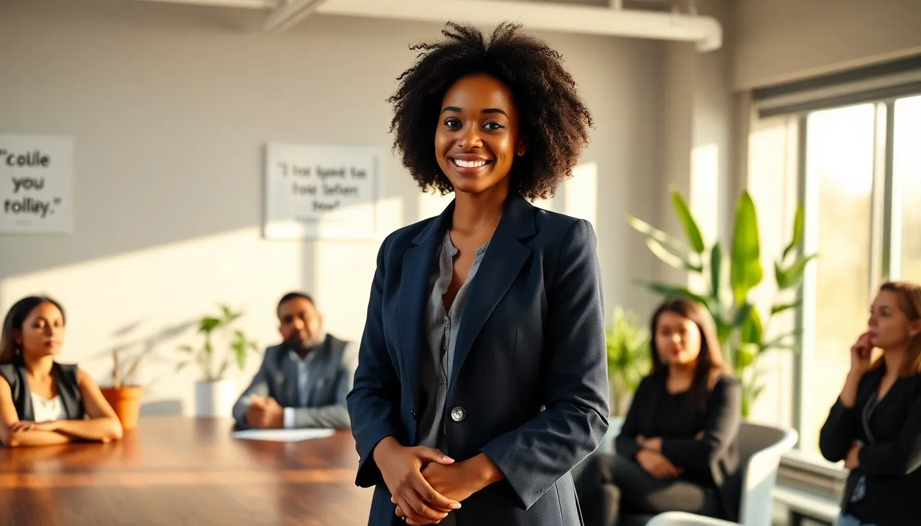 A confident young woman leading a collaborative meeting in a bright office.