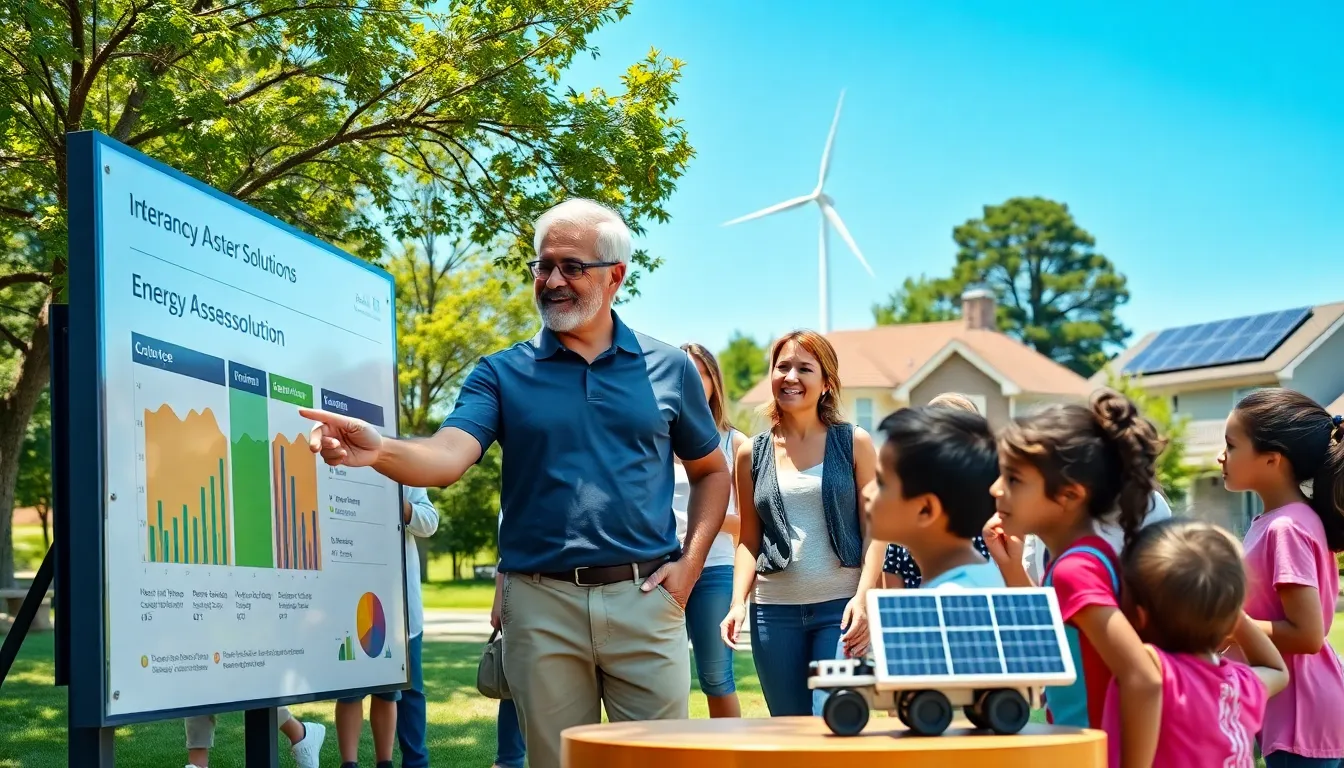 A community gathering around an energy display promoting local renewable solutions.