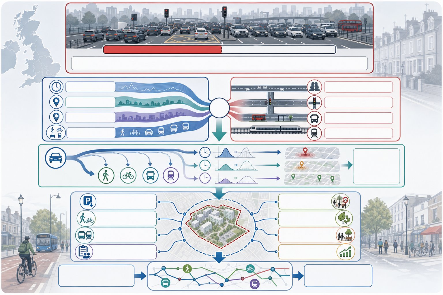 UK transport infographic showing how travel demand is shifted from cars to sustainable modes.