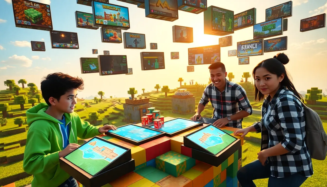 a diverse group of players creating games in a colorful Minecraft world.