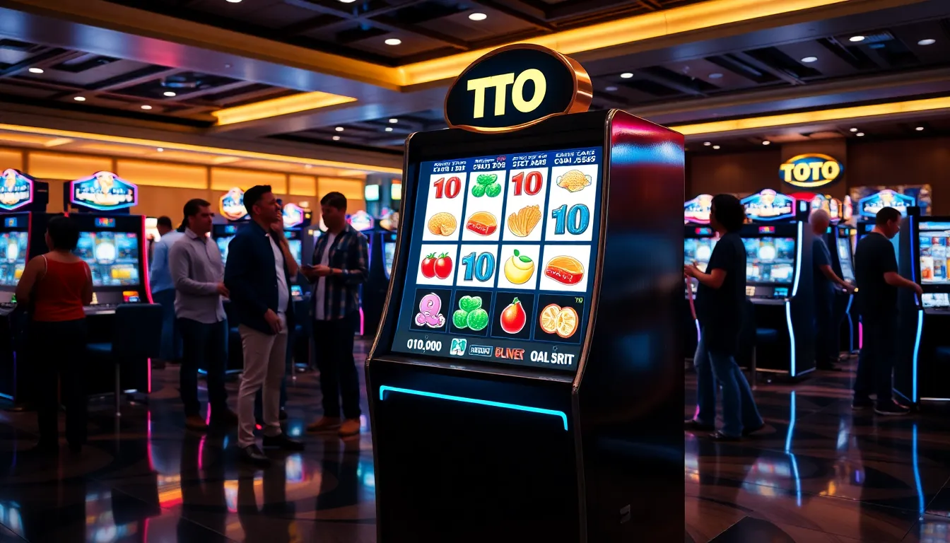 A modern Toto Slot machine with diverse players in a casino setting.