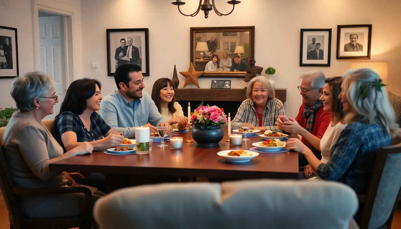 family gathering around a dining table enjoying a meal together.